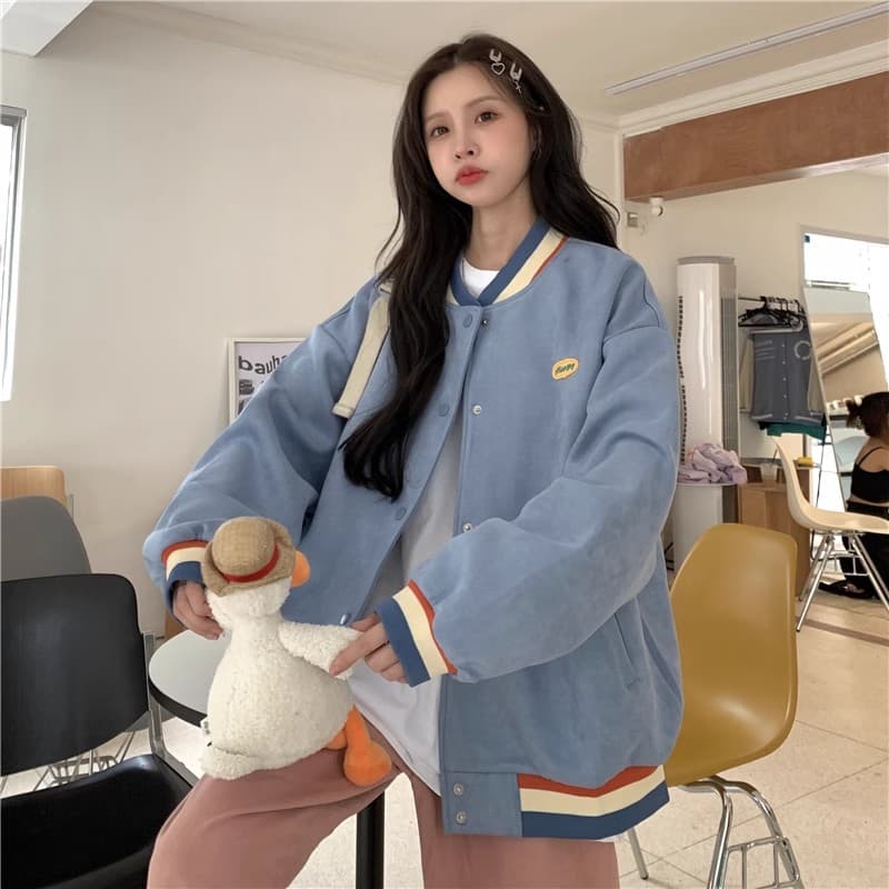 스웨이드 원단 복합 아메리칸 레트로 긴팔 야구 유니폼 여성 코트 가을 새로운 여성 외부 가져 가라. 오픈 가디건 맨위 상세 이미지 17