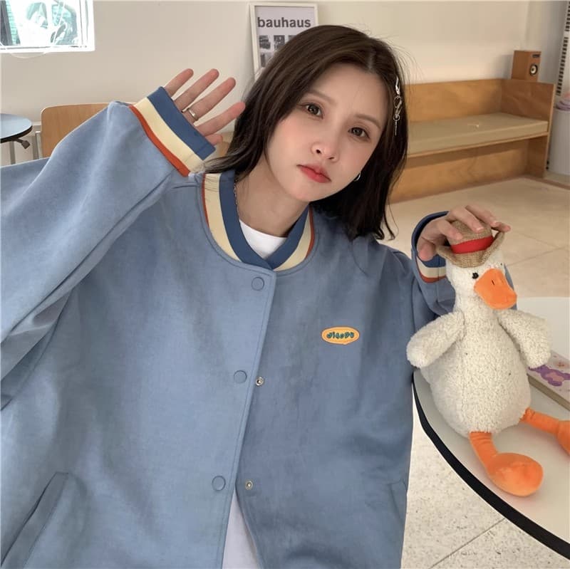 스웨이드 원단 복합 아메리칸 레트로 긴팔 야구 유니폼 여성 코트 가을 새로운 여성 외부 가져 가라. 오픈 가디건 맨위 상세 이미지 20