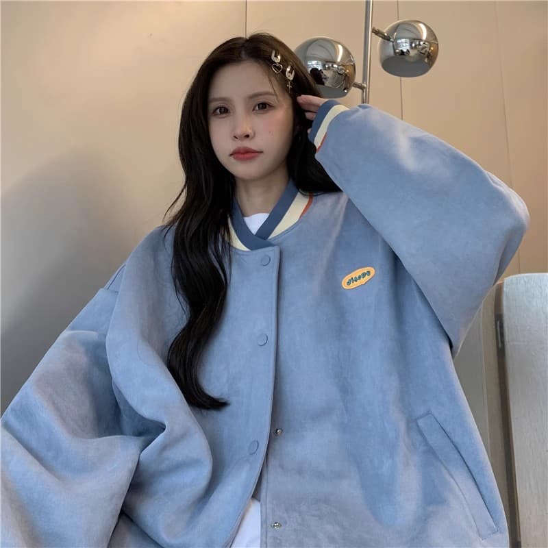 스웨이드 원단 복합 아메리칸 레트로 긴팔 야구 유니폼 여성 코트 가을 새로운 여성 외부 가져 가라. 오픈 가디건 맨위 상세 이미지 22