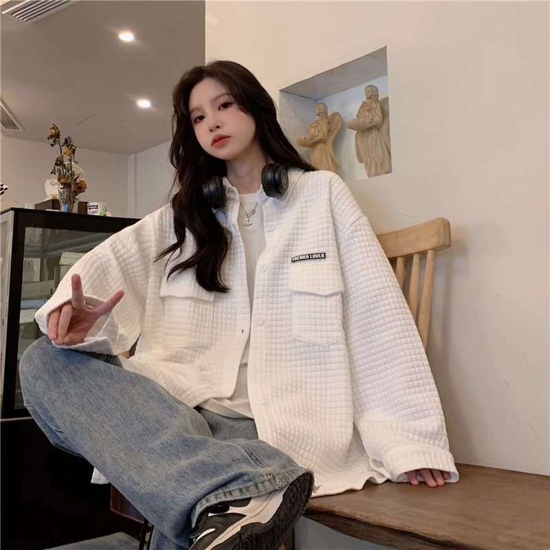 원본 것 여성 코트 봄 디자인 센스 작은 대중 POLO 칼라 후아 남편 그리드 셔츠 높음 거리 재킷 맨위 상세 이미지 18