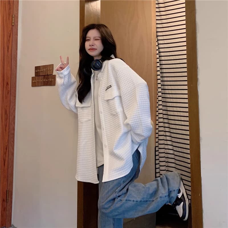 원본 것 여성 코트 봄 디자인 센스 작은 대중 POLO 칼라 후아 남편 그리드 셔츠 높음 거리 재킷 맨위 상세 이미지 20
