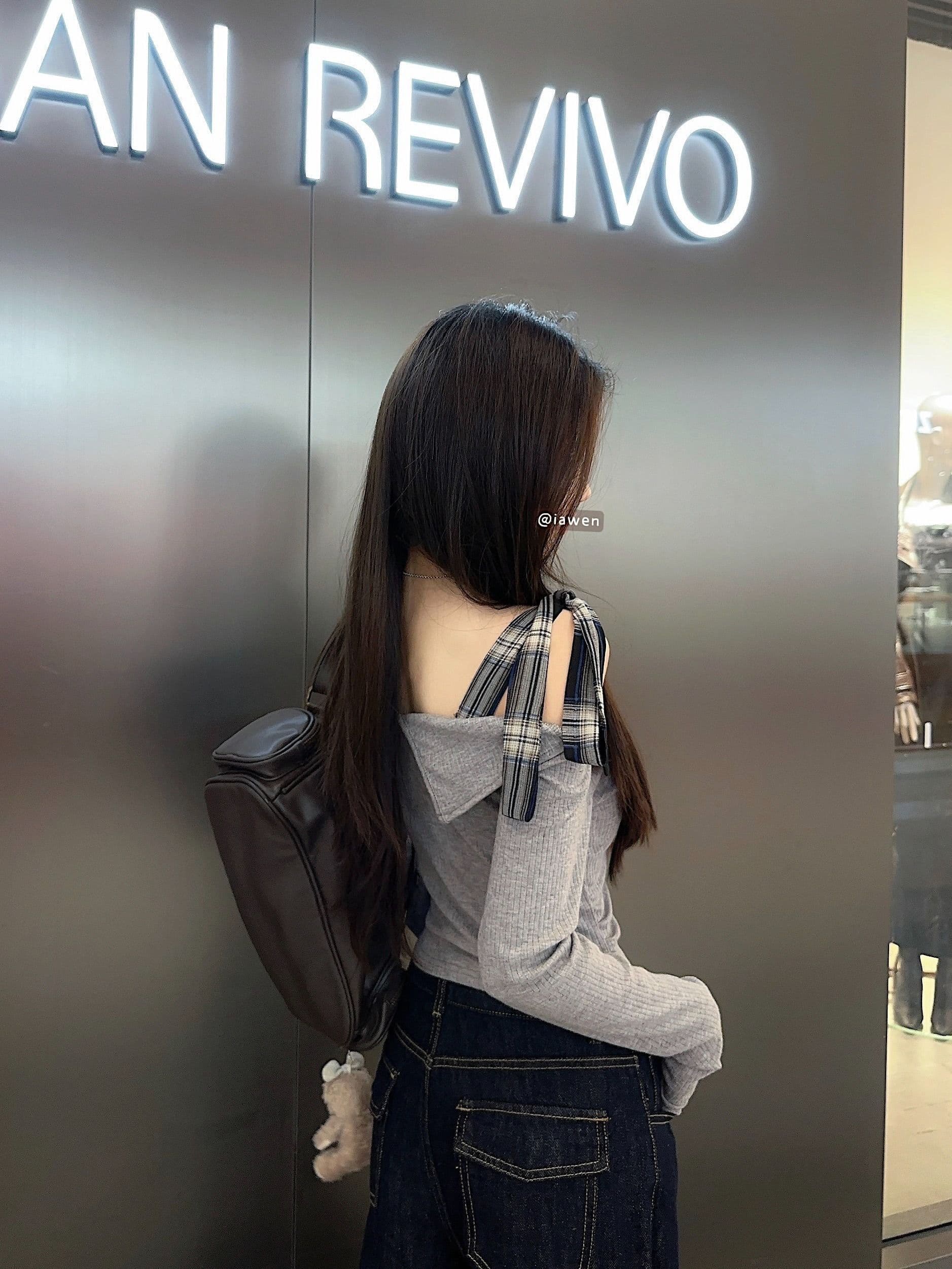 리브 오프숄더 회색 기본 셔츠 여성 의류 이른 가을 달콤한 핫걸 나비 매듭 오프숄더 인사이드 가져 가라. 쇼트 스타일 맨위 상세 이미지 14