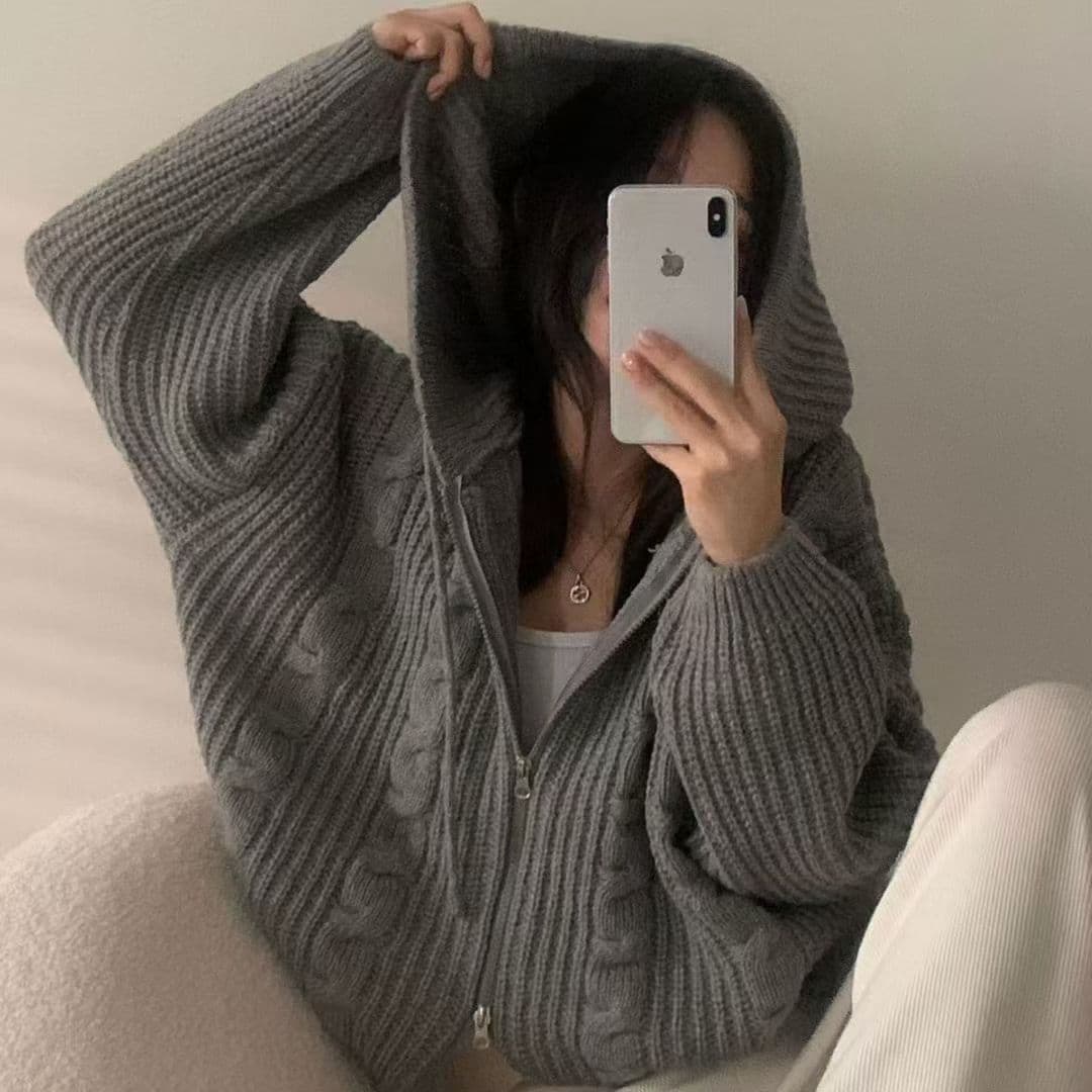 한국 chic 가을 겨울 느긋한 바람 루즈핏 꽈배기 지퍼 후드 긴팔 니트 오픈 가디건 스웨터 여성 코트 상세 이미지 4