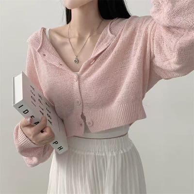 한국 chic 봄 가을 느긋한 바람 쇼트 스타일 루즈핏 단색 벌룬 소매 후드 긴팔 오픈 가디건 니트 스웨터 상세 이미지 3