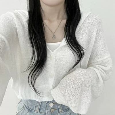 한국 chic 봄 가을 느긋한 바람 쇼트 스타일 루즈핏 단색 벌룬 소매 후드 긴팔 오픈 가디건 니트 스웨터 상세 이미지 5