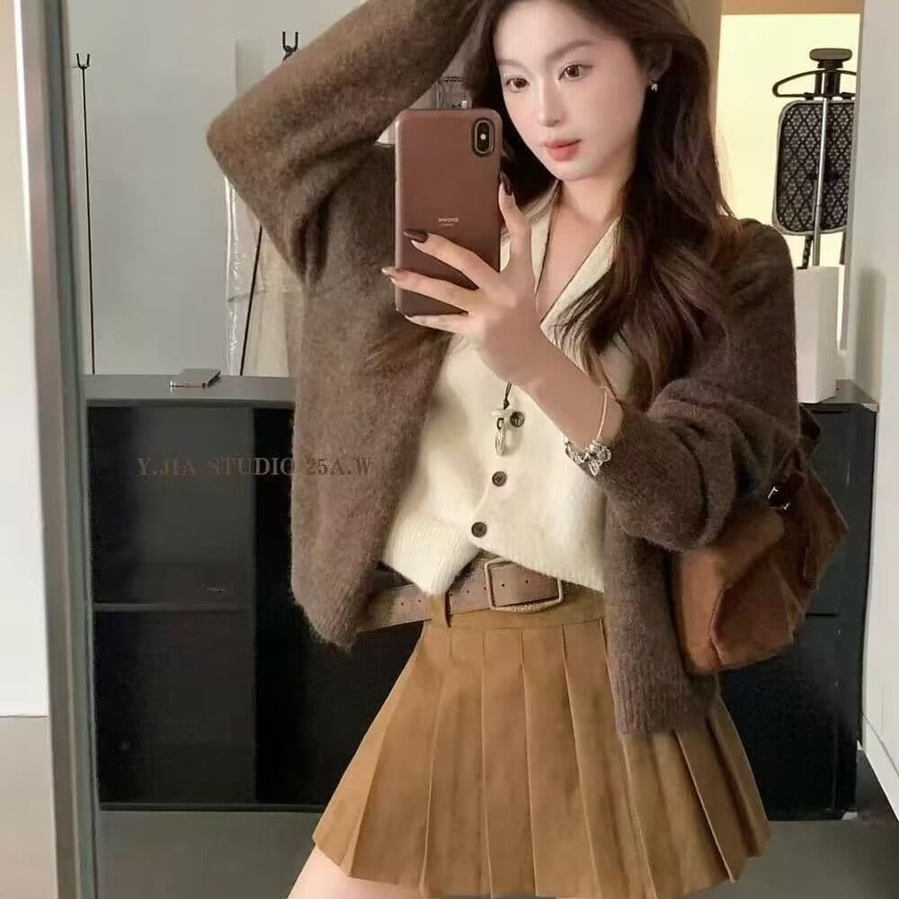 아름다움 라드. 커피 색상 배색 페이크 레이어드 V넥 니트 오픈 가디건 여성 가을 고급 센스 느긋한 스웨터 코트 맨위 상세 이미지 5
