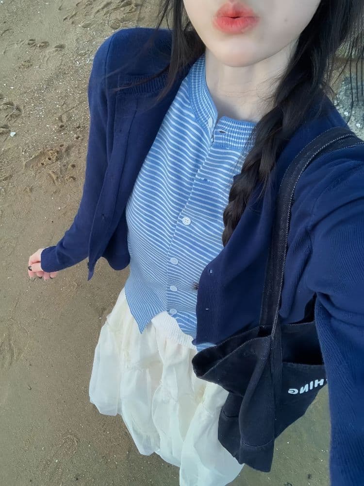 한 부서 느긋한 배색 니트 오픈 가디건 여성 가을 몸매 가꾸기 페이크 레이어드 다용도 맨위 라운드 넥 스트라이프 패치워크 스웨터 상세 이미지 5