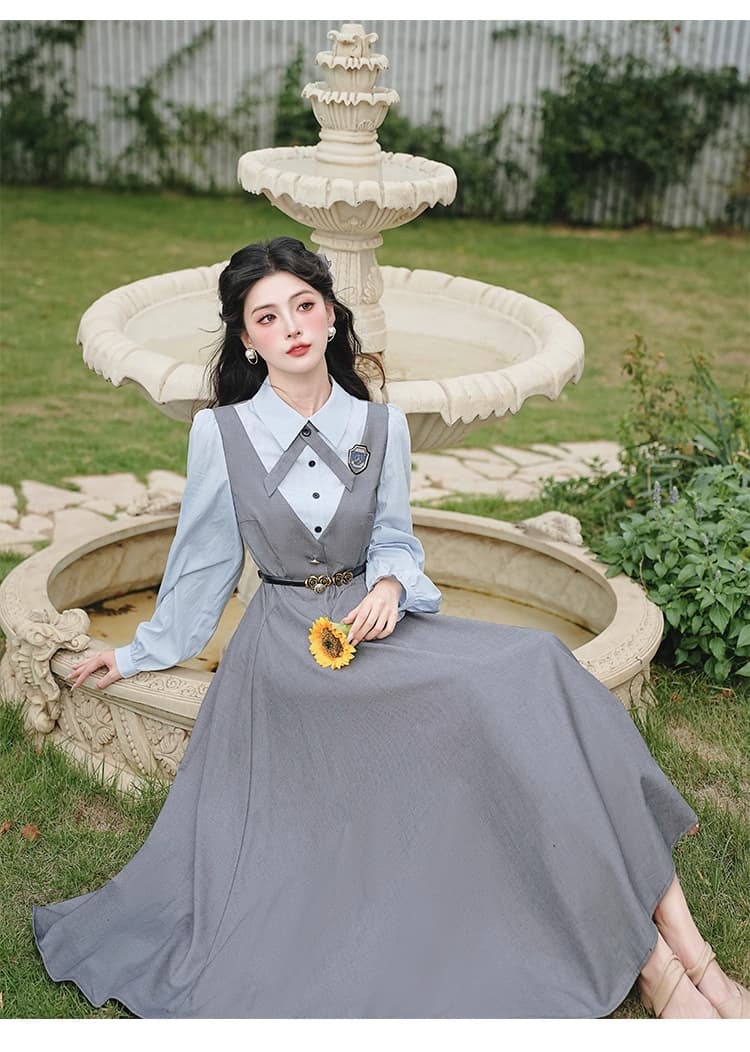 봄 가을 레트로 문예 학원 스타일 이중층 페이크 레이어드 조끼 스커트 중학생 셔츠 몸매 가꾸기 달콤함 점프 슈트 치마 상세 이미지 10