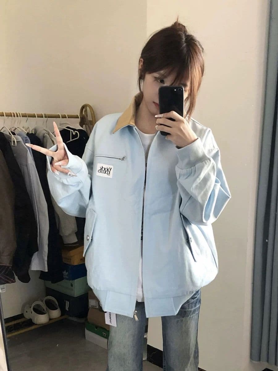 아메리칸 레트로 여성 코트 봄 가을 2026 새로운 조수 브랜드 배색 폴로 칼라 루즈핏 커플 재킷 야구 유니폼 오픈 가디건 상세 이미지 2