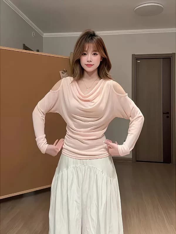 디스플레이 화이트 부드러운 안개 센스 얕은 분말 품격 흔들다 칼라 오프숄더 긴팔 자외선 차단 블라우스 여성 여름 얇고 가벼운 통기성 티셔츠 맨위 상세 이미지 6