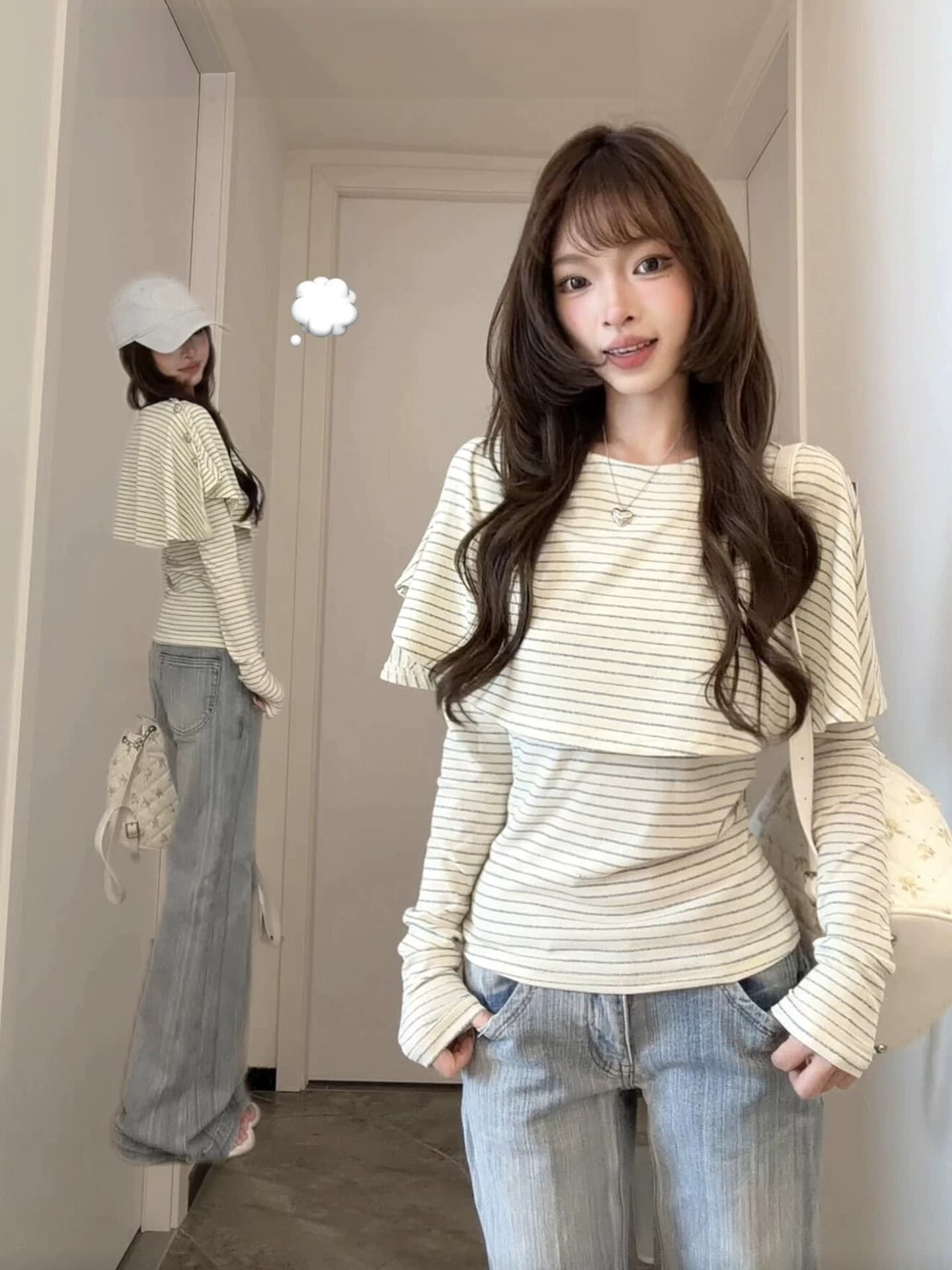 한 부서 착용 가져 가라. 페이크 레이어드 망토 스트라이프 긴팔 티셔츠 여성 가을 2026 새로운 허리 수축 슬림해 보이는 품격 맨위 이미지 4