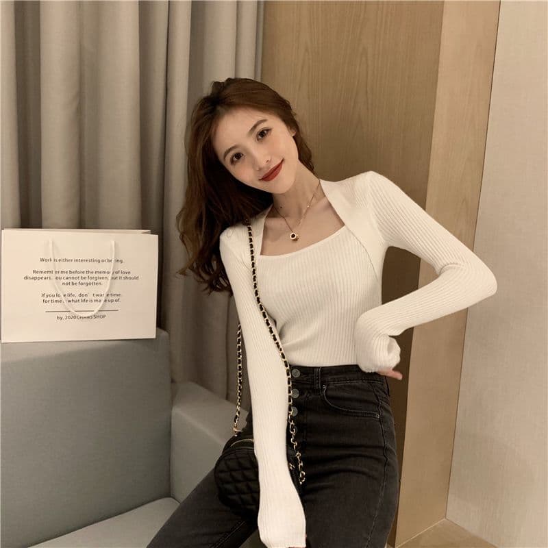 기타 색상 심장 기계 디자인 센스 타이트 인사이드 가져 가라. 광장 칼라 이슬 쇄골 티셔츠 페이크 레이어드 니트 긴 소매 만나는 작은 셔츠 상세 이미지 45