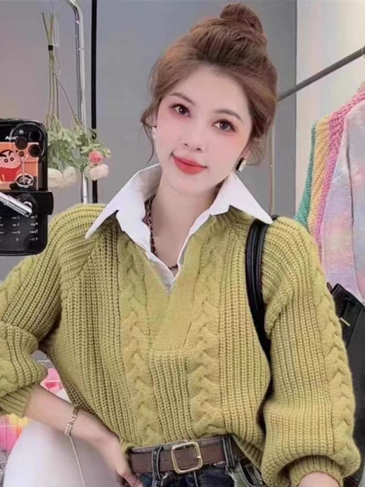 기타 색상 가을 새로운 풀오버 루즈핏 꽈배기 스웨터 페이크 레이어드 니트 스웨터 캐주얼 외출용 긴팔 맨위 여성 이미지 2