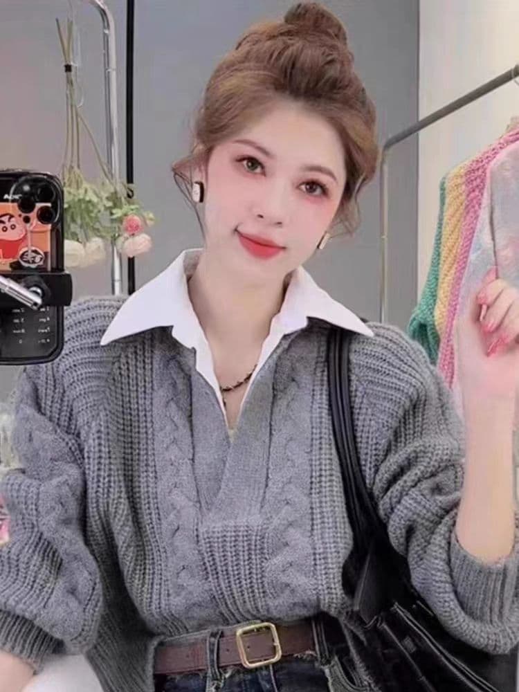 기타 색상 가을 새로운 풀오버 루즈핏 꽈배기 스웨터 페이크 레이어드 니트 스웨터 캐주얼 외출용 긴팔 맨위 여성 상세 이미지 5