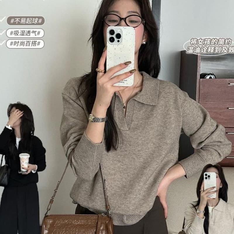 오래된 돈 바람 착용 가져 가라. POLO 칼라 니트 스웨터 여성 가을 느긋한 품격 연령 감소 캐주얼 V넥 스웨터 긴팔 맨위 이미지 5