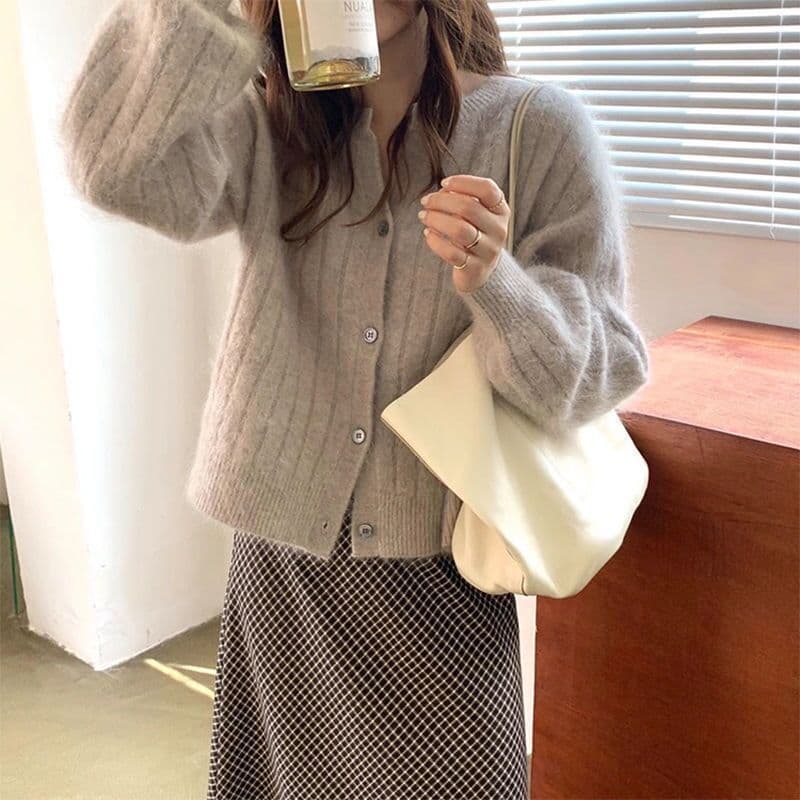 한국 chic 가을 겨울 새로운 느긋한 바람 루즈핏 양모 혼합 해마 털 오픈 가디건 거품 소매 스웨터 여자 상세 이미지 9