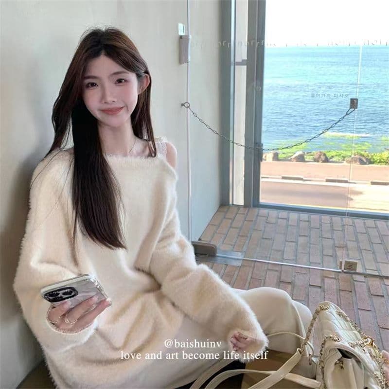 오프숄더 스웨터 가을 겨울 니트 스웨터 디자인 센스 패치워크 루즈핏 느긋한 부드러운 바람 풀오버 긴팔 맨위 상세 이미지 6