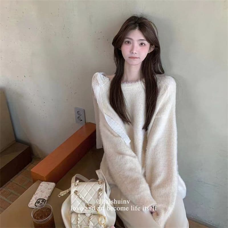 오프숄더 스웨터 가을 겨울 니트 스웨터 디자인 센스 패치워크 루즈핏 느긋한 부드러운 바람 풀오버 긴팔 맨위 상세 이미지 9