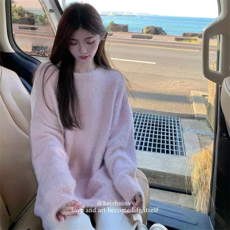 오프숄더 스웨터 가을 겨울 니트 스웨터 디자인 센스 패치워크 루즈핏 느긋한 부드러운 바람 풀오버 긴팔 맨위 이미지 2
