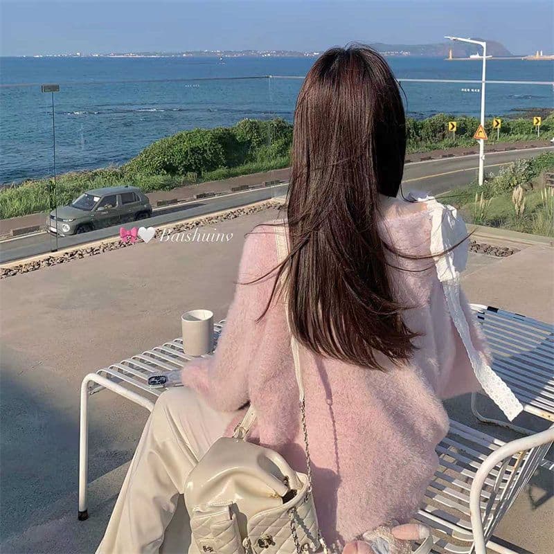 오프숄더 스웨터 가을 겨울 니트 스웨터 디자인 센스 패치워크 루즈핏 느긋한 부드러운 바람 풀오버 긴팔 맨위 이미지 4