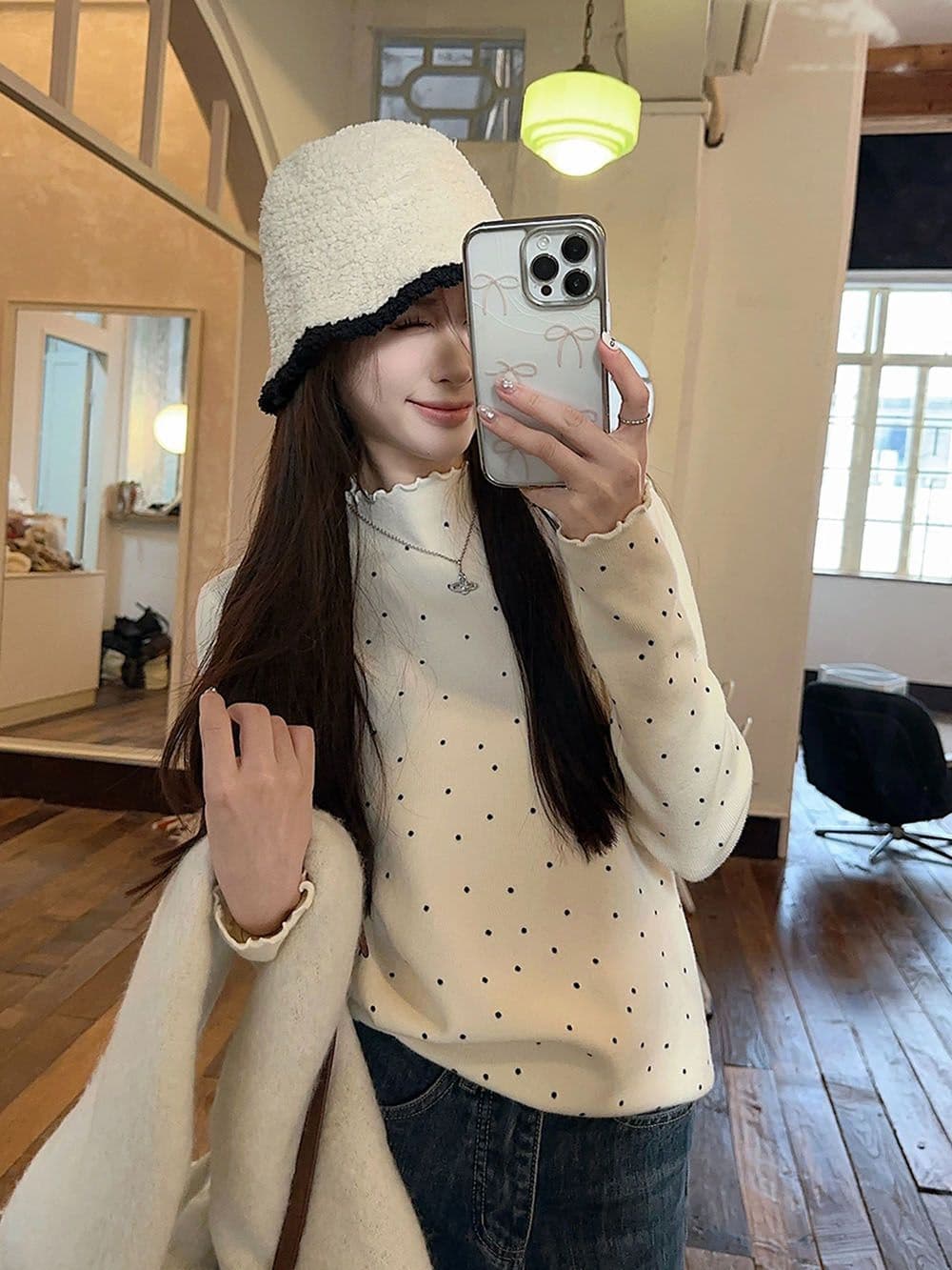 1 1 De 플러시 프릴 반하이넥 도트 무늬 기본 셔츠 여성 가을 겨울 몸매 가꾸기 인사이드 가져 가라. 긴팔 맨위 한국 대외 무역 이미지 3