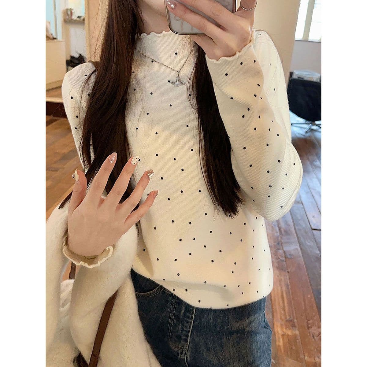 1 1 De 플러시 프릴 반하이넥 도트 무늬 기본 셔츠 여성 가을 겨울 몸매 가꾸기 인사이드 가져 가라. 긴팔 맨위 한국 대외 무역 상세 이미지 14