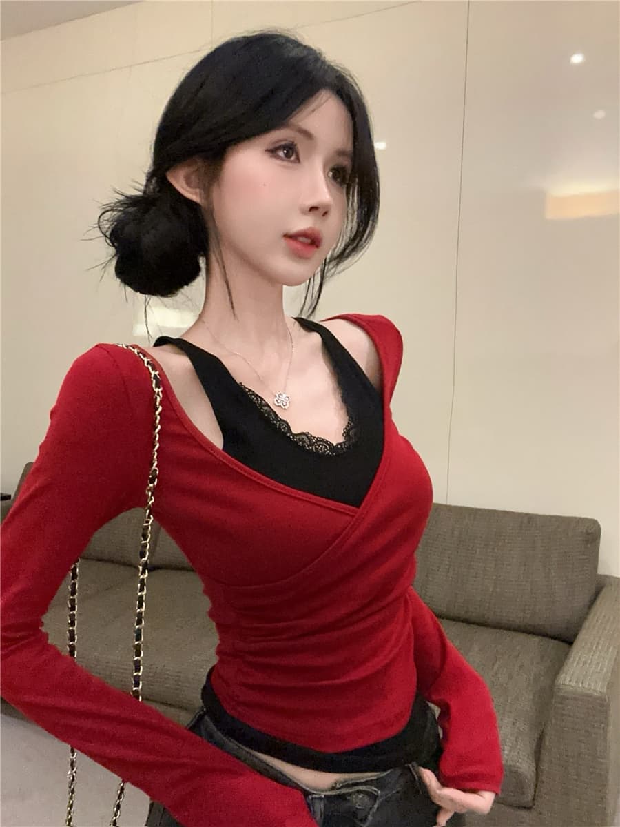 1x1 De 플러시 220 그램 슬림해 보이는 긴팔 티셔츠 여성 핫걸 순수한 욕망 바람 레이스 페이크 레이어드 V넥 맨위 한 싱글 대외 무역 상세 이미지 6