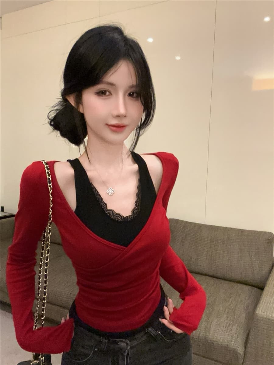 1x1 De 플러시 220 그램 슬림해 보이는 긴팔 티셔츠 여성 핫걸 순수한 욕망 바람 레이스 페이크 레이어드 V넥 맨위 한 싱글 대외 무역 상세 이미지 8