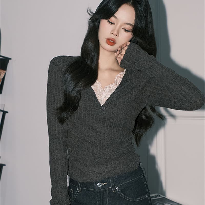 원본 사람들 면 구덩이 기사 연삭 털 품격 회색 레이스 페이크 레이어드 V넥 핫걸 긴팔 만나는 맨위 이미지 3
