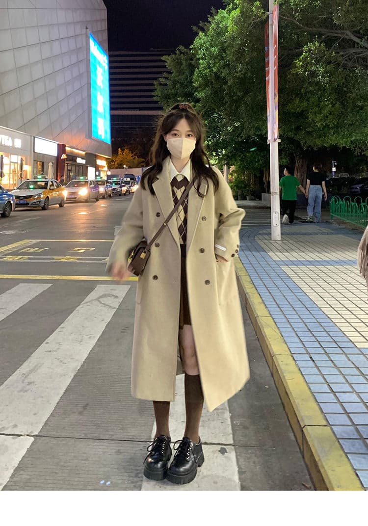 2026 가을 겨울철 새로운 살구 색상 모직 여성 코트 그는 벤 바람 모직 코트 작은 키 한 부서 겨울 두꺼운 상세 이미지 14