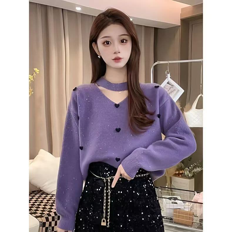 가을 겨울 새로운 홀로우 아웃 Chic 예쁜 스웨터 니트 스웨터 폭발 품격 하트 풀오버 고급 맨위 여성 상세 이미지 1