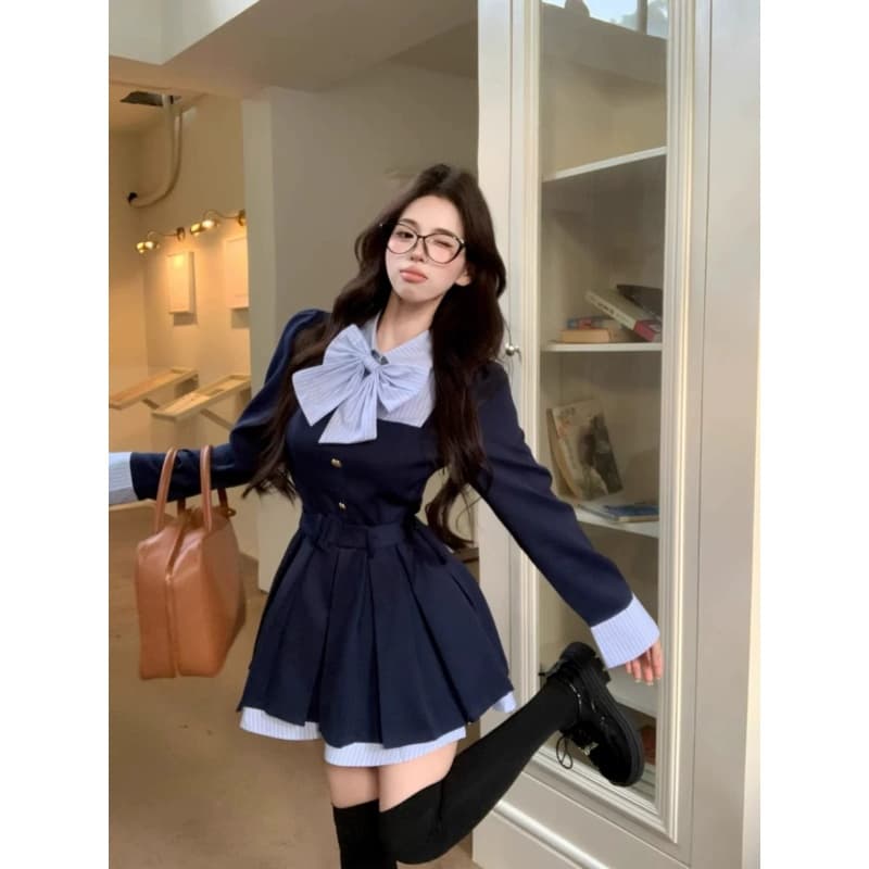 이른 가을 새로운 학원 스타일 페이크 레이어드 나비 매듭 여성 드레스 달콤함 허리 수축 퍼프 플리츠 스커트 한 마디 미니 스커트