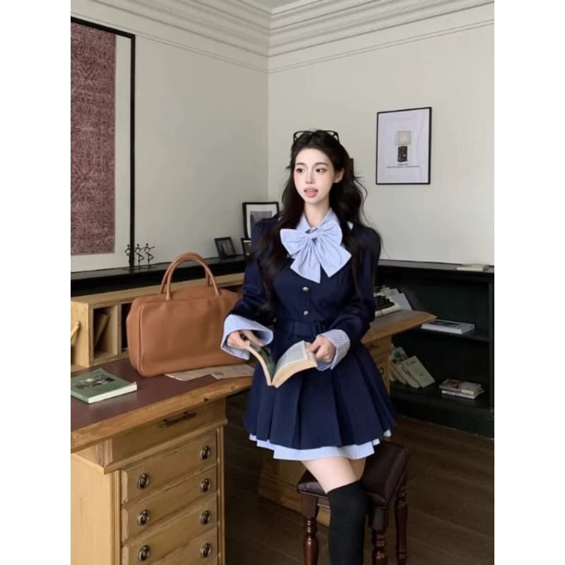 이른 가을 새로운 학원 스타일 페이크 레이어드 나비 매듭 여성 드레스 달콤함 허리 수축 퍼프 플리츠 스커트 한 마디 미니 스커트 이미지 3