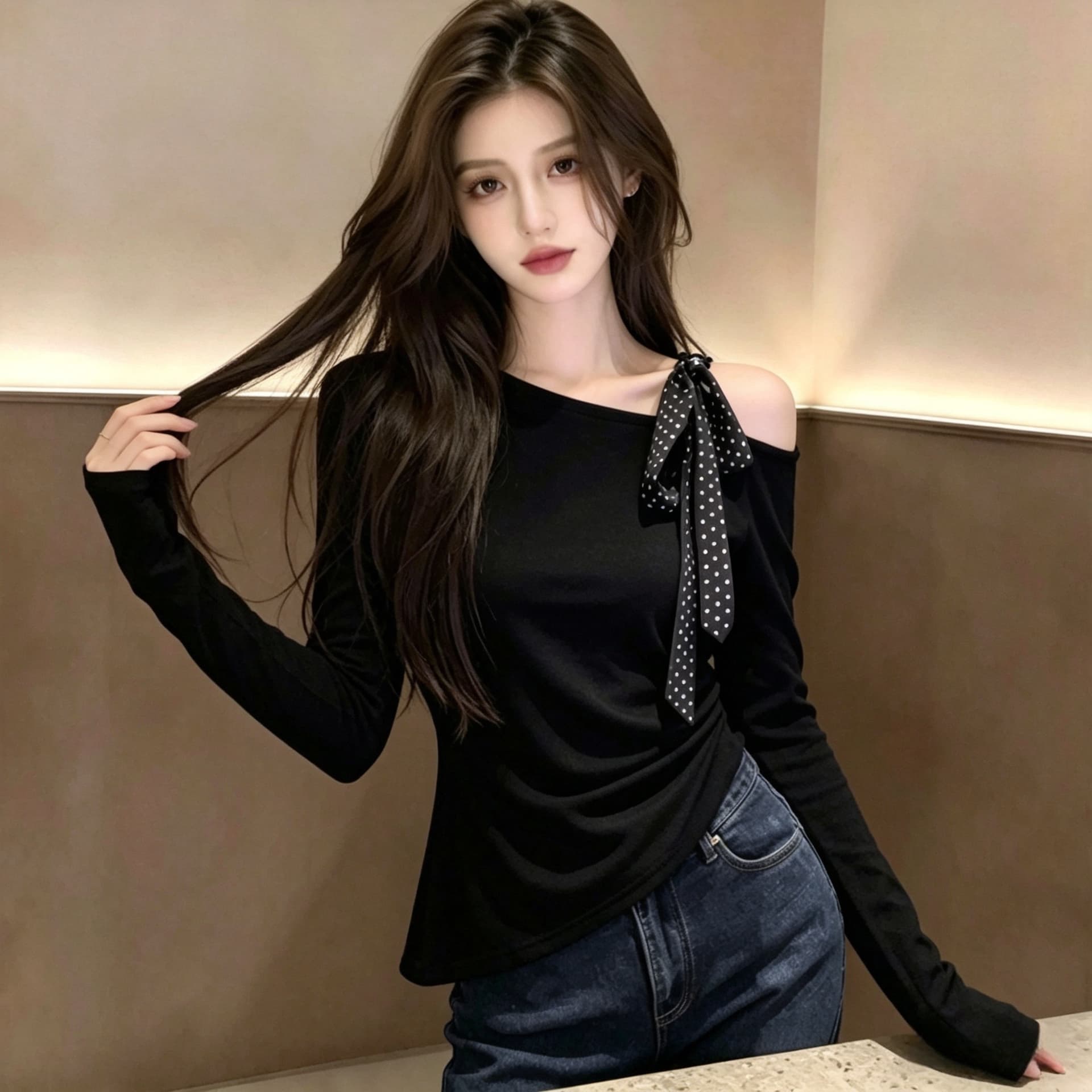 이른 가을 검정색 긴팔 순수한 욕망 바람 오프숄더 레이스업 허리 수축 슬림해 보이는 chic 다용도 티셔츠 디자인 센스 비스듬한 어깨 의류 상세 이미지 6