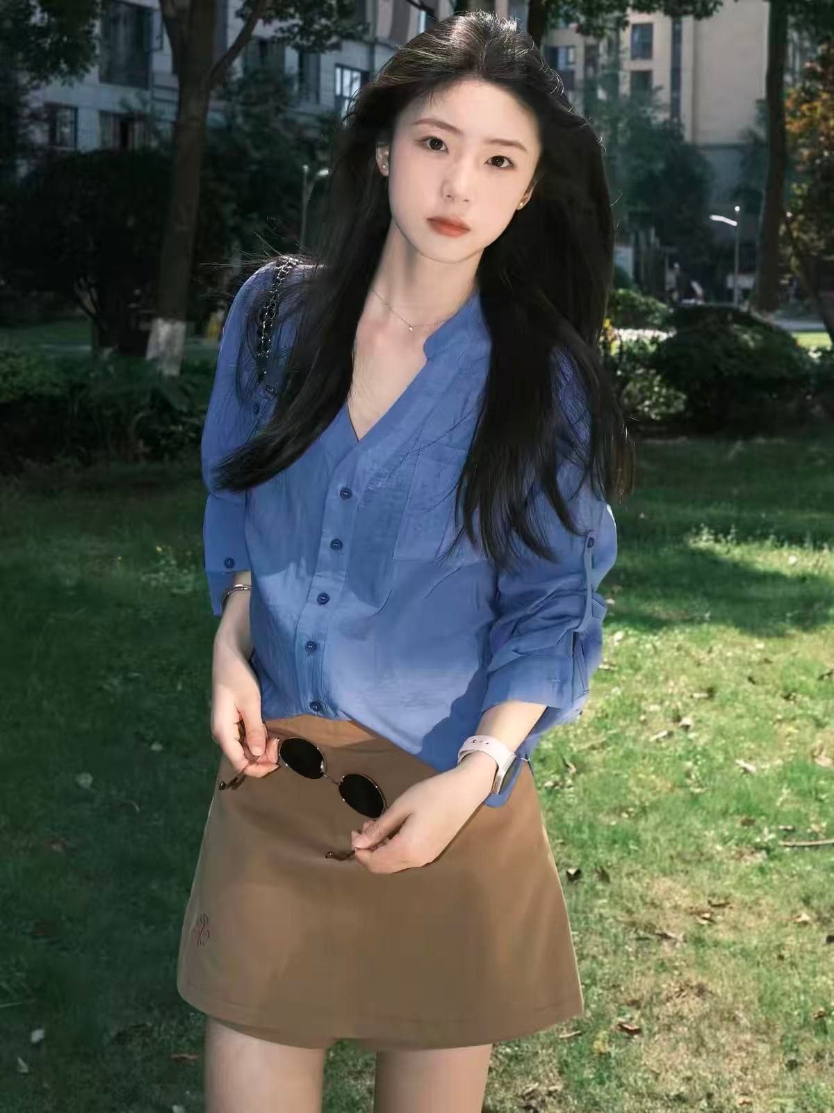 톰 글 래 원인 블루 셔츠 여성 긴 소매 2026 봄 여름 새로운 루즈핏 슬림해 보이는 자외선 차단 셔츠 재킷 이미지 4