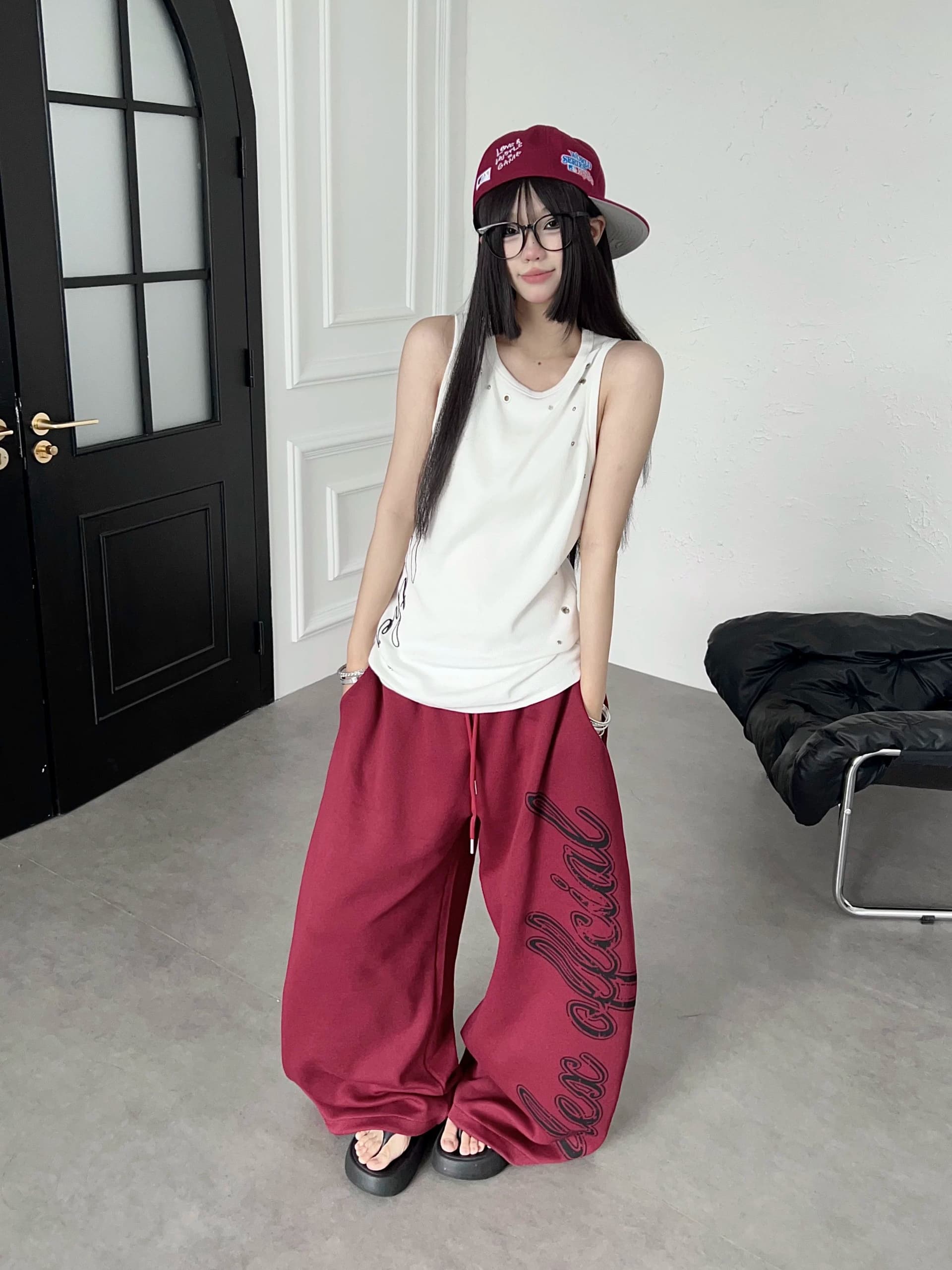 순면 복합 더블 허리 머리 배색 알파벳 프린트 운동 바지 루즈핏 넓은 다리 재즈 댄스 모통이 칼 긴 바지 상세 이미지 41