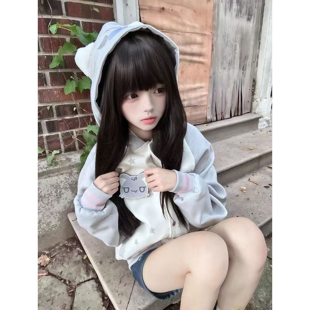 귀여운 고양이 귀 후드 티 스웨터 여성 가을 루즈핏 다용도 카디건 코트 캐주얼 맨위 다용도 섹션 털이 있는 이미지 2
