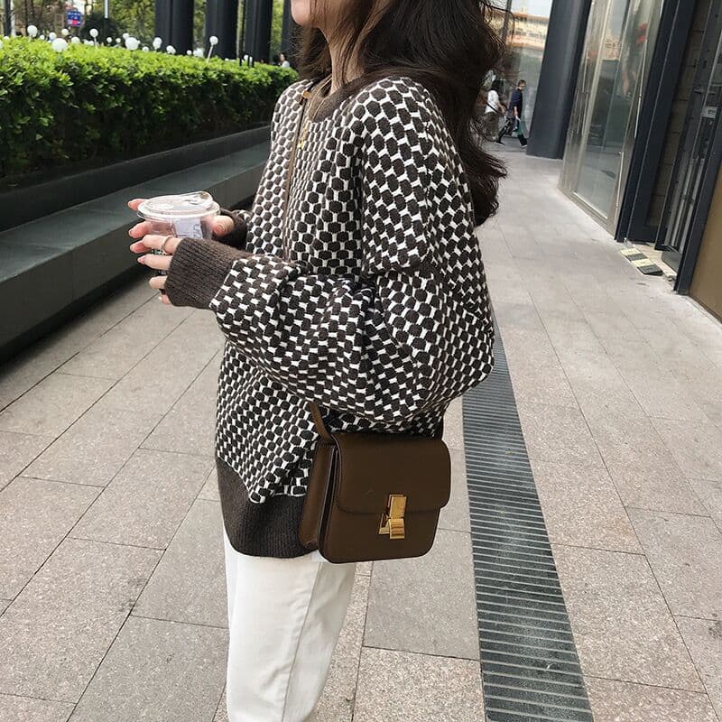 가을과 겨울 인터넷 유명인 고급 센스 체크무늬 루즈핏 풀오버 스웨터 여자 한국 스타일 외출용 두꺼운 니트 스웨터 재킷 상세 이미지 6