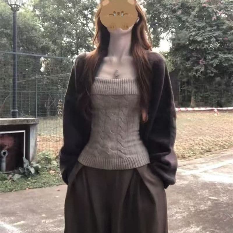 부드러운 바람 벌룬 소매 순수한 욕망 바람 꽈배기 캐미솔 니트 가을 겨울 새로운 플리스 오픈 가디건 슬림해 보이는 투피스 세트 이미지 4