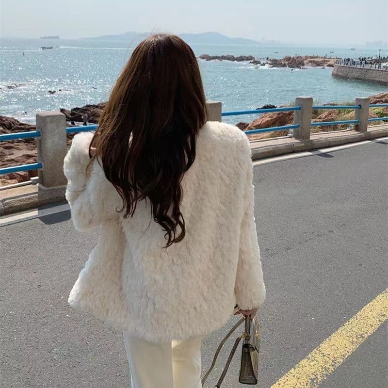 모피 작은 샤넬 스타일 여성 코트 겨울 새로운 고급 센스 코코아 모방 토끼털 코트 두꺼운 라운드 넥 인터넷 유명인 면 의류 상세 이미지 4