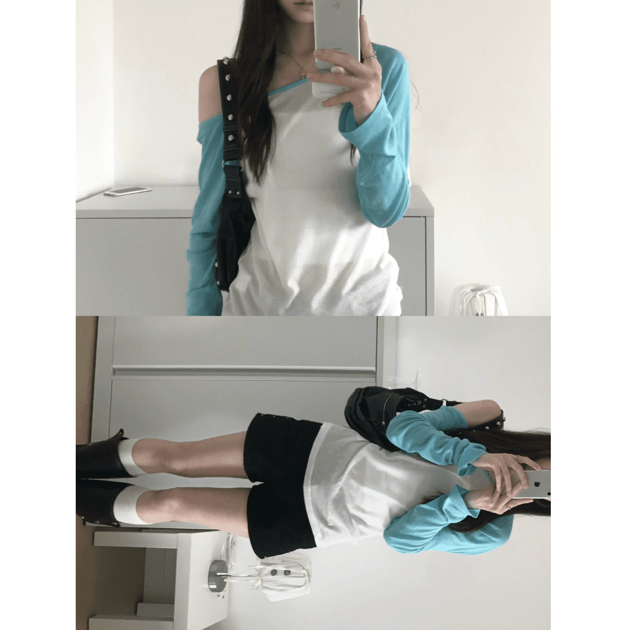 느긋한 레트로 감기 센스 패치워크 배색 자외선 차단 블라우스 여성 여름 얇은 스타일 마이크로 ~을 통해 몸매 가꾸기 긴팔 비스듬한 어깨 의류 이미지 4