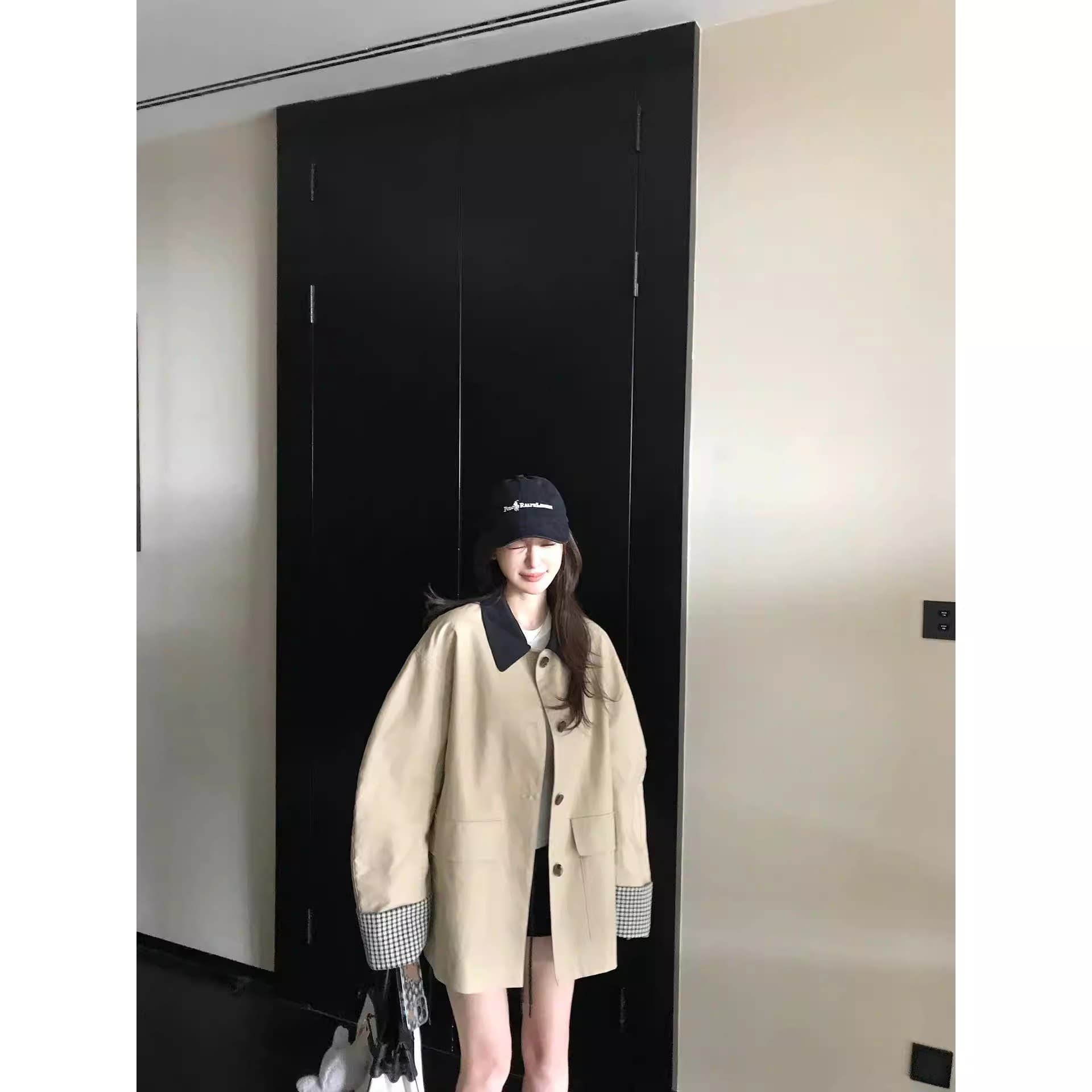 skk store 높음 지혜 바 En 바람 카키 색 바람막이 배색 체크무늬 패치워크 쇼트 스타일 루즈핏 여성 코트 가을