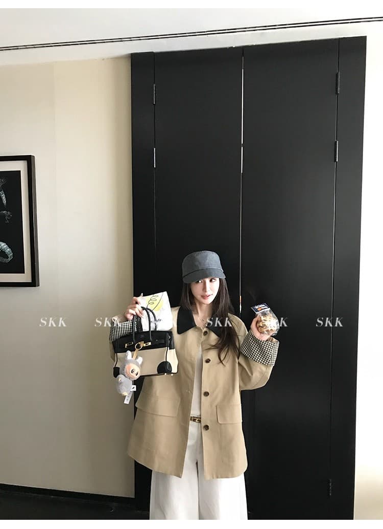 skk store 높음 지혜 바 En 바람 카키 색 바람막이 배색 체크무늬 패치워크 쇼트 스타일 루즈핏 여성 코트 가을 상세 이미지 27