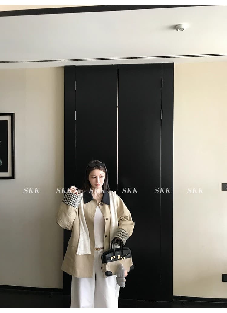 skk store 높음 지혜 바 En 바람 카키 색 바람막이 배색 체크무늬 패치워크 쇼트 스타일 루즈핏 여성 코트 가을 상세 이미지 32