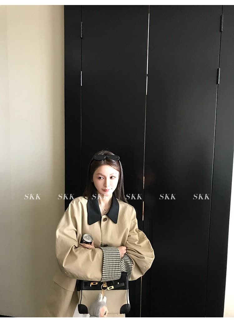 skk store 높음 지혜 바 En 바람 카키 색 바람막이 배색 체크무늬 패치워크 쇼트 스타일 루즈핏 여성 코트 가을 상세 이미지 44