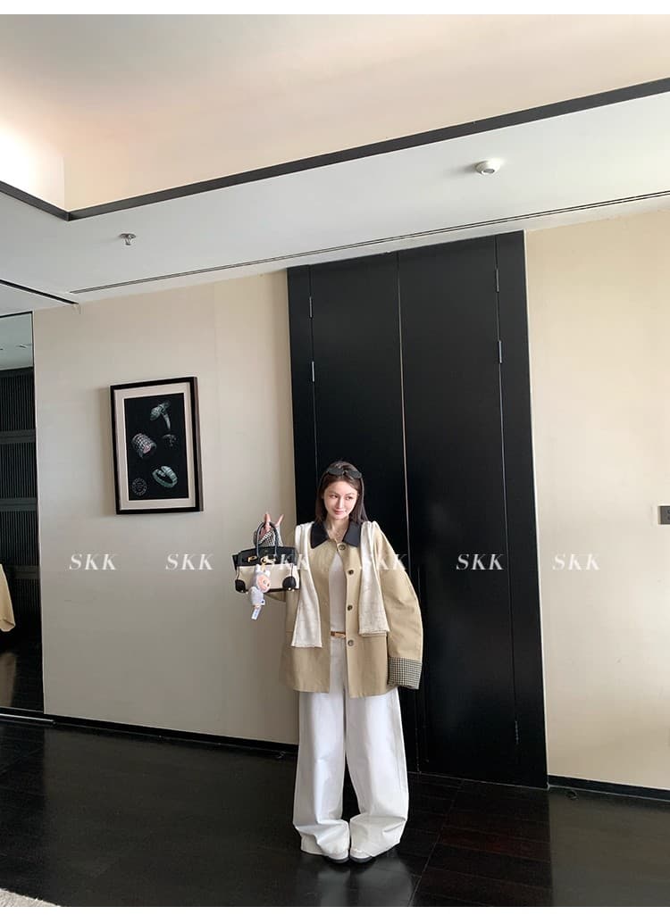 skk store 높음 지혜 바 En 바람 카키 색 바람막이 배색 체크무늬 패치워크 쇼트 스타일 루즈핏 여성 코트 가을 상세 이미지 45