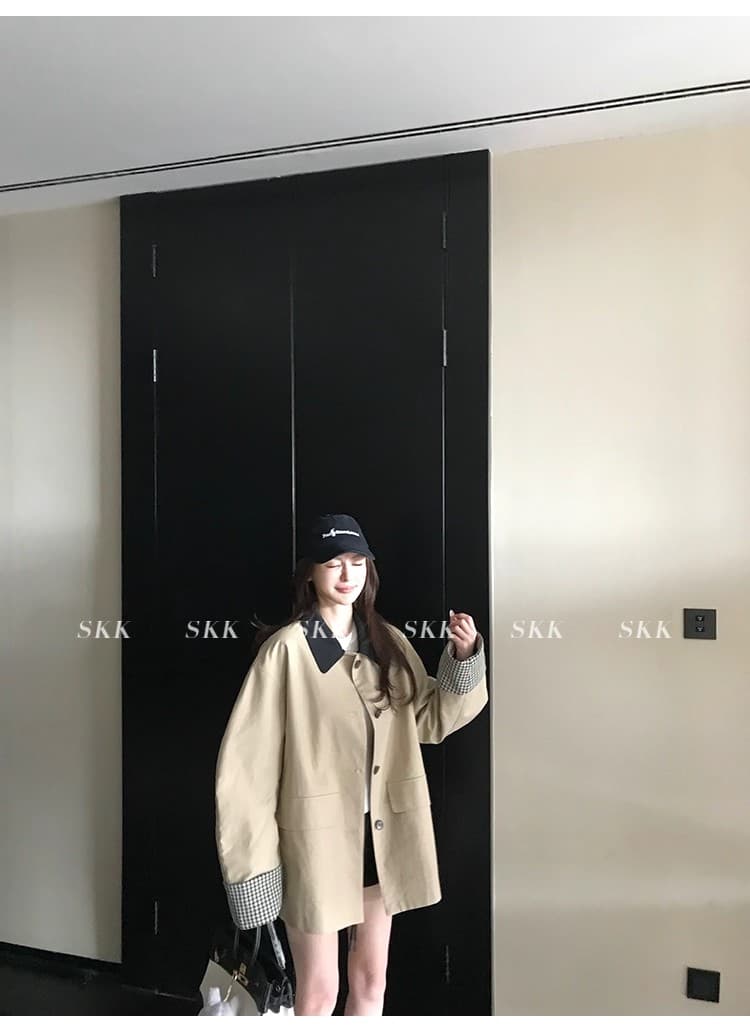 skk store 높음 지혜 바 En 바람 카키 색 바람막이 배색 체크무늬 패치워크 쇼트 스타일 루즈핏 여성 코트 가을 상세 이미지 46
