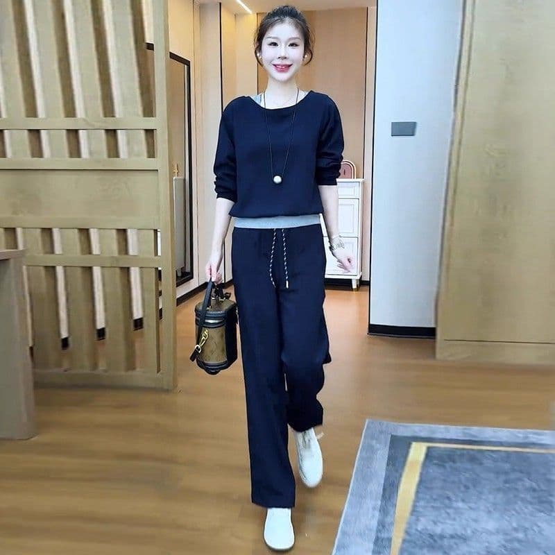 디자인 센스 캐주얼 패션 세트 여성 봄 가을 새로운 외국 가스 패치워크 긴팔 후드티 스트레이트 운동 바지 투피스 세트 상세 이미지 2