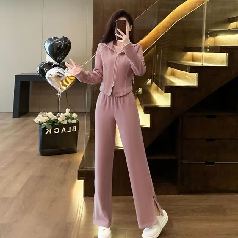 캐주얼 세트 여성 이른 가을 2026 새로운 핑크색 소금 부서 연령 감소 품격 후드티 웨이 바지 투피스 세트 한국 대외 무역 이미지 3