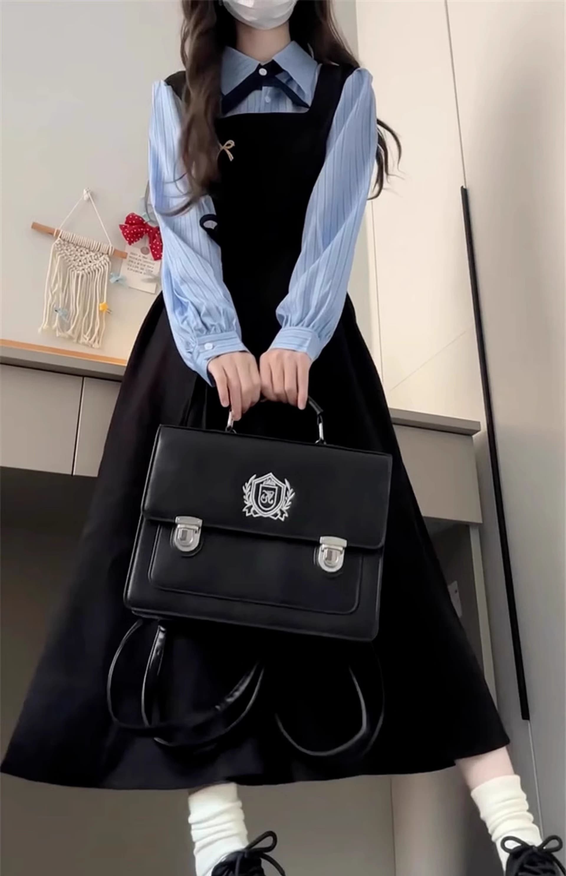 한국 스타일 학원 스타일 페이크 레이어드 드레스 여성 의류 가을 새로운 차 휴식 디자인 센스 POLO 칼라 허리 수축 중간 길이 스커트 상세 이미지 4